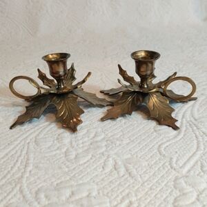 Vintage Brass Holly Leaf Candle Stick Holders Christmas - Set Of 2